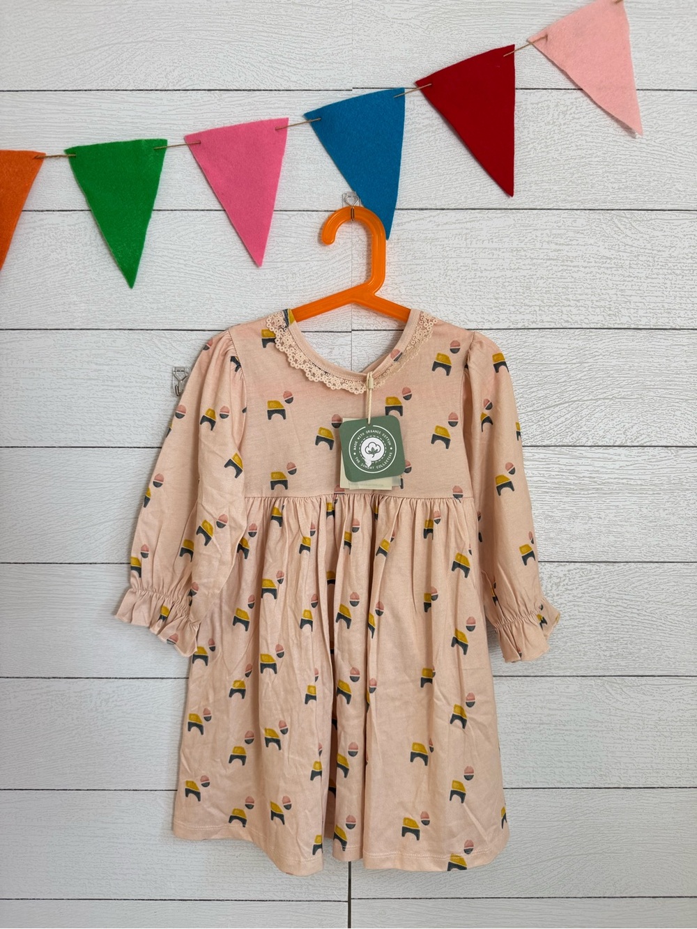 The Sunday collective Pink Printed Long Sleeve Dress with Lace Collar
